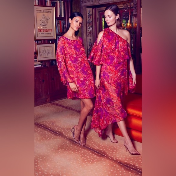 NWT MISA One-Shoulder Single Flutter Sleeve Dress Red Orange Women’s Size Small - Picture 2 of 12